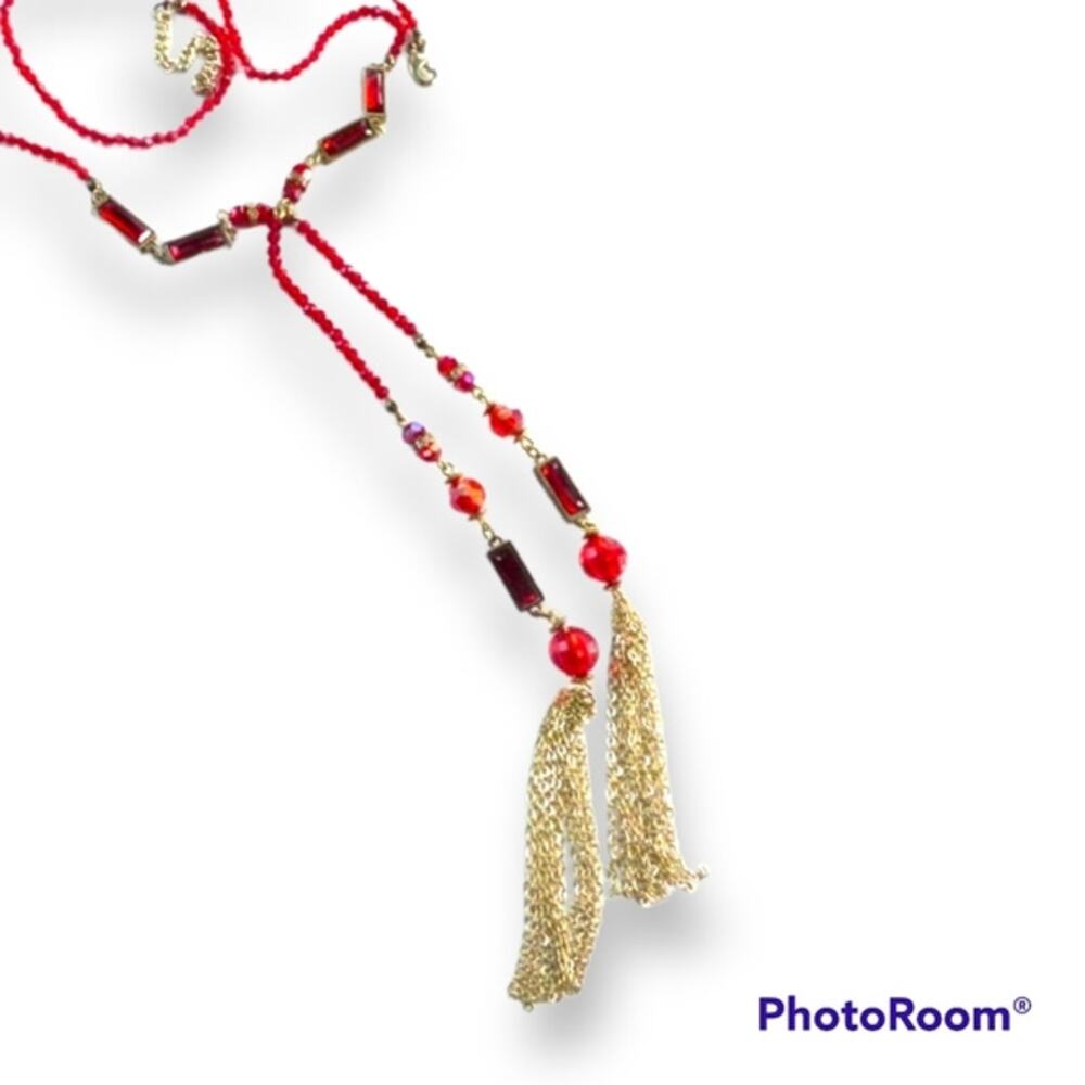 Brilliant red and gold tone tassel/tie necklace